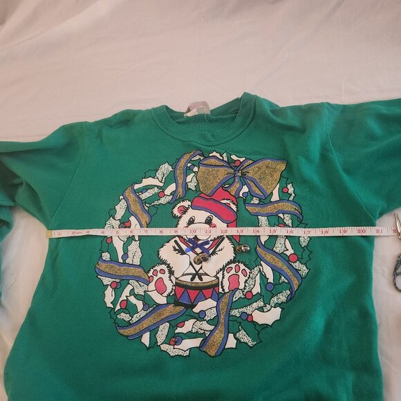 Vintage Christmas Sweater With Teddy Bear Wreath Functional Bells Size Medium - Picture 7 of 8